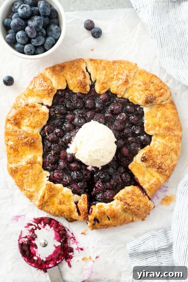 Blueberry galette with scoop of ice cream in center.