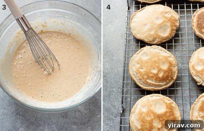 Oat flour pancake batter and pancakes on wire rack