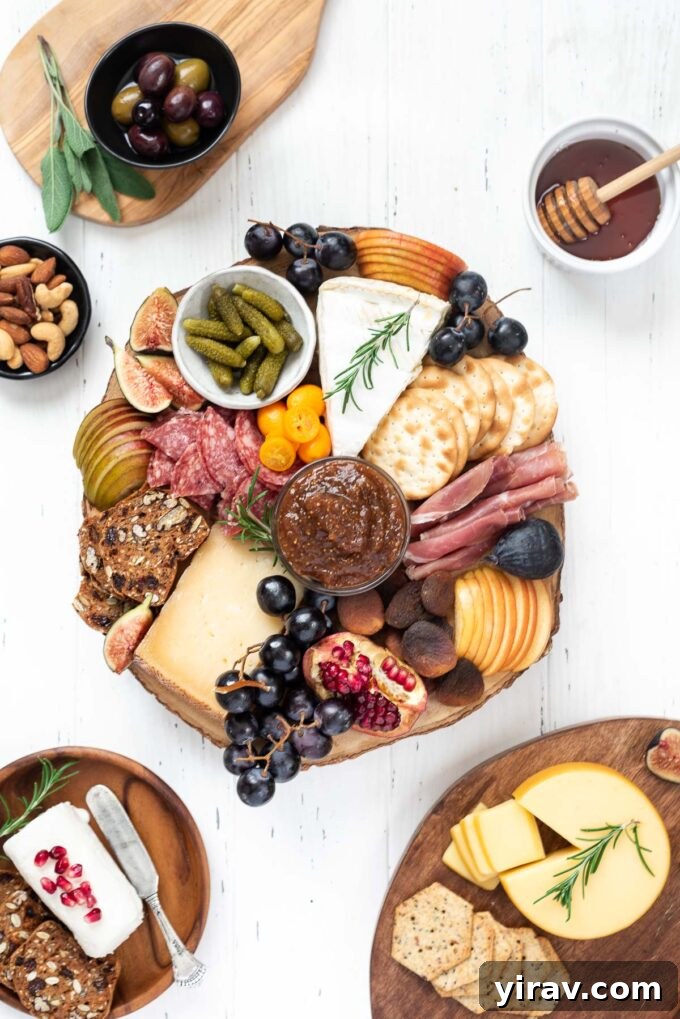 An elegantly arranged Fall Charcuterie Board, abundant with a selection of cheeses, cured meats, fresh seasonal fruits like figs and grapes, homemade jam, mixed nuts, and garnished with fresh herbs, ready for entertaining.