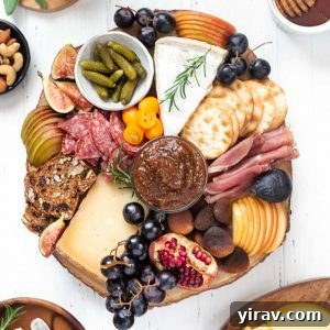 A beautifully arranged cheese board overflowing with a variety of meats, gourmet cheeses, fresh fall fruits, and assorted crackers, garnished with fresh herbs, depicting a festive autumn spread.