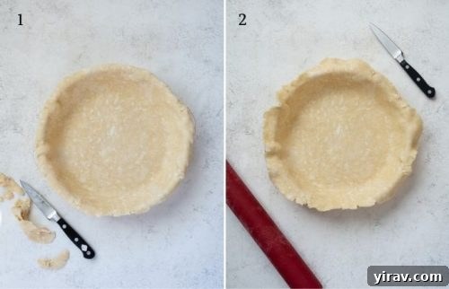 Rolling out pie dough and trimming edges for the pie crust.