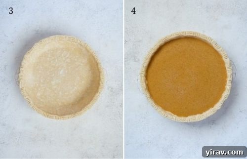 Mixing pumpkin filling and pouring it into the prepared pie crust before baking.