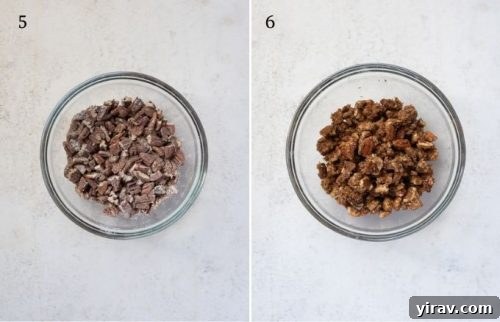 Combining cold butter cubes with pecan streusel ingredients.