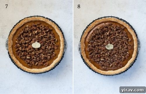 Finished Pumpkin Pecan Pie cooling on a wire rack after baking.
