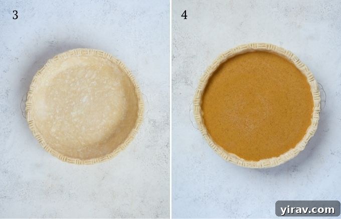 Collage showing the next steps of making pumpkin pecan pie: mixing pumpkin filling and pouring it into the prepared pie crust.