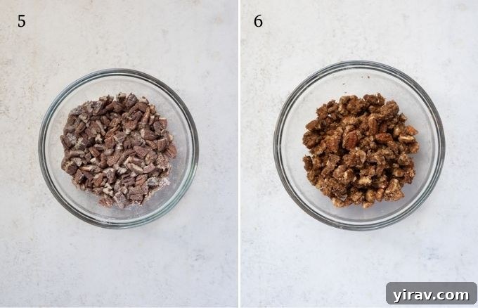 Collage showing the preparation of the pecan streusel topping for the pumpkin pecan pie.