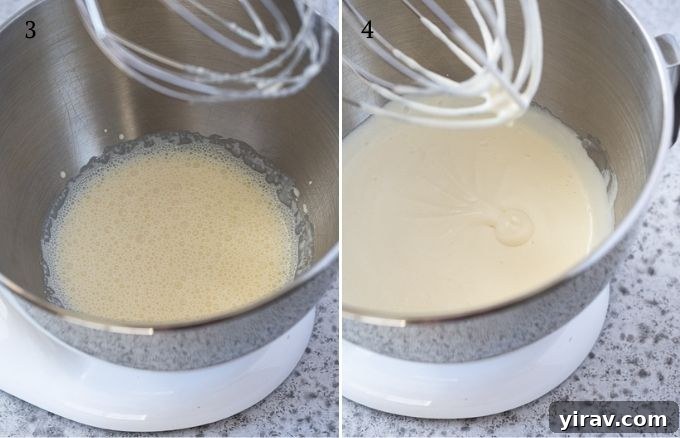 Collage depicting the transition of whipping cream from soft peaks to medium peaks.