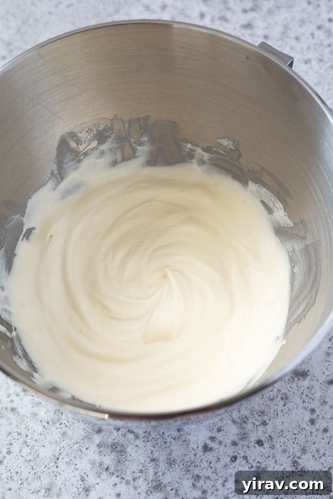 Close-up shot of fluffy homemade whipped cream in a stainless steel mixing bowl, ready to be used.