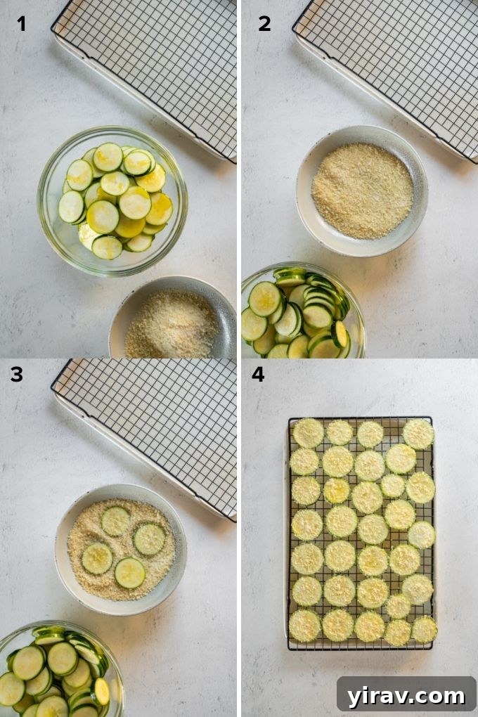Oven Baked Zucchini Crisps 5 A collage showing the process of making oven-baked zucchini chips: slicing, coating, and arranging on a baking rack.