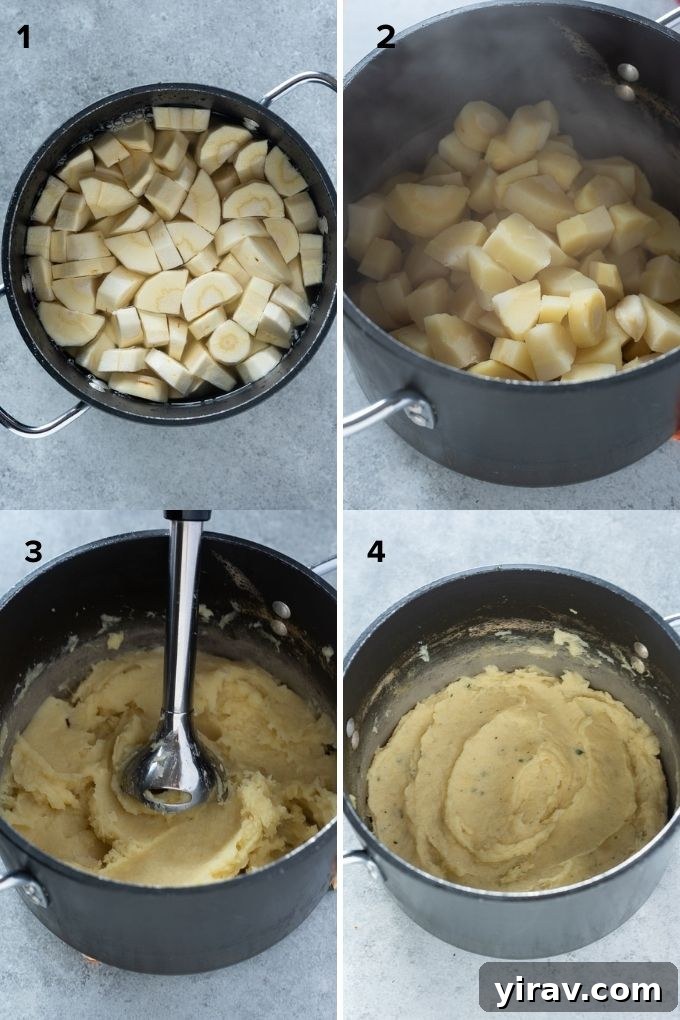 A step-by-step image collage showing the process of making parsnip puree, from boiling the parsnips to blending them until smooth.
