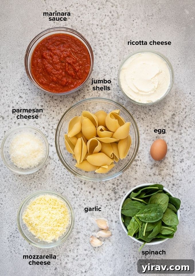 A selection of fresh ingredients including ricotta cheese, spinach, jumbo shells, and marinara sauce for stuffed shells.