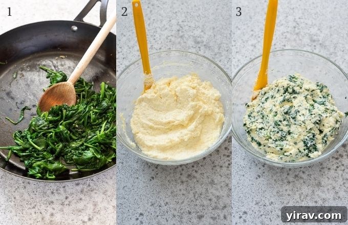 Collage showing steps to prepare the spinach ricotta filling for stuffed shells.