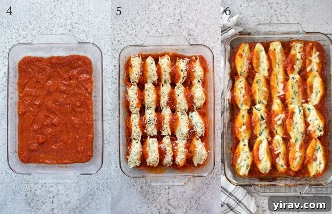 Collage showing steps to stuff and arrange jumbo shells in a baking dish.