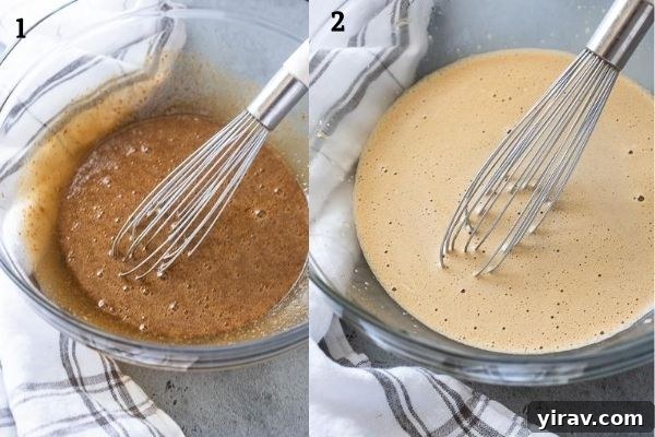 Close-up collage showing wet ingredients like eggs, oil, and sugar being whisked together in a large bowl, demonstrating the initial steps of preparing blackberry muffin batter.