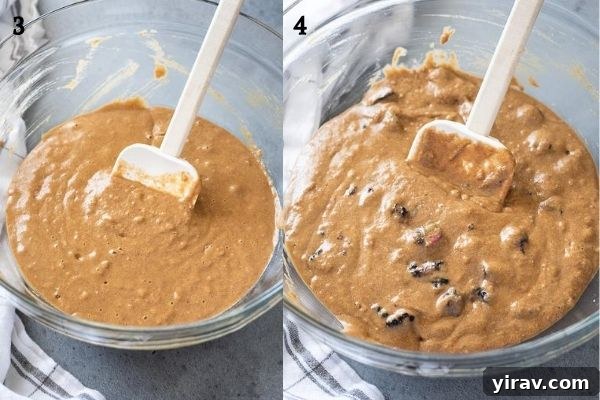 Collage displaying blackberry muffin batter in a bowl, both before and after fresh blackberries have been gently folded in, showcasing the berry incorporation step.