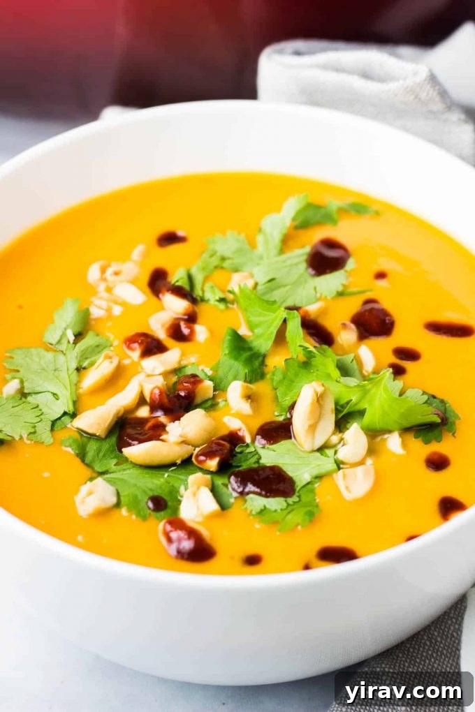 Vegan sweet potato soup with peanuts and cilantro on top