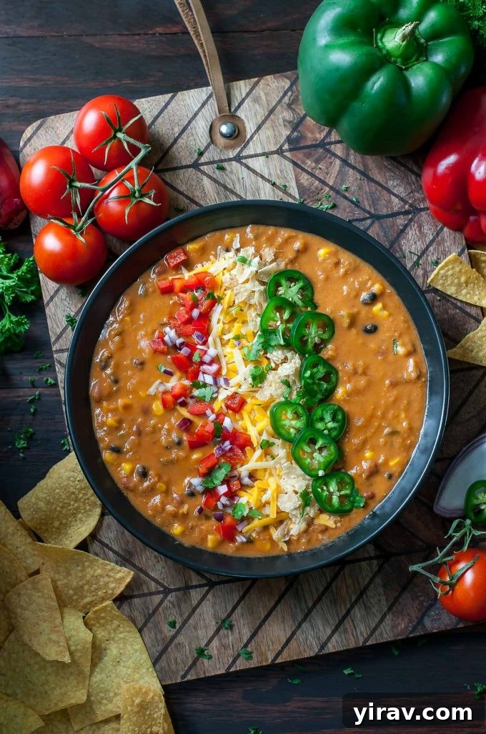 Vegetarian lentil tortilla soup with cheese and jalapeno toppings