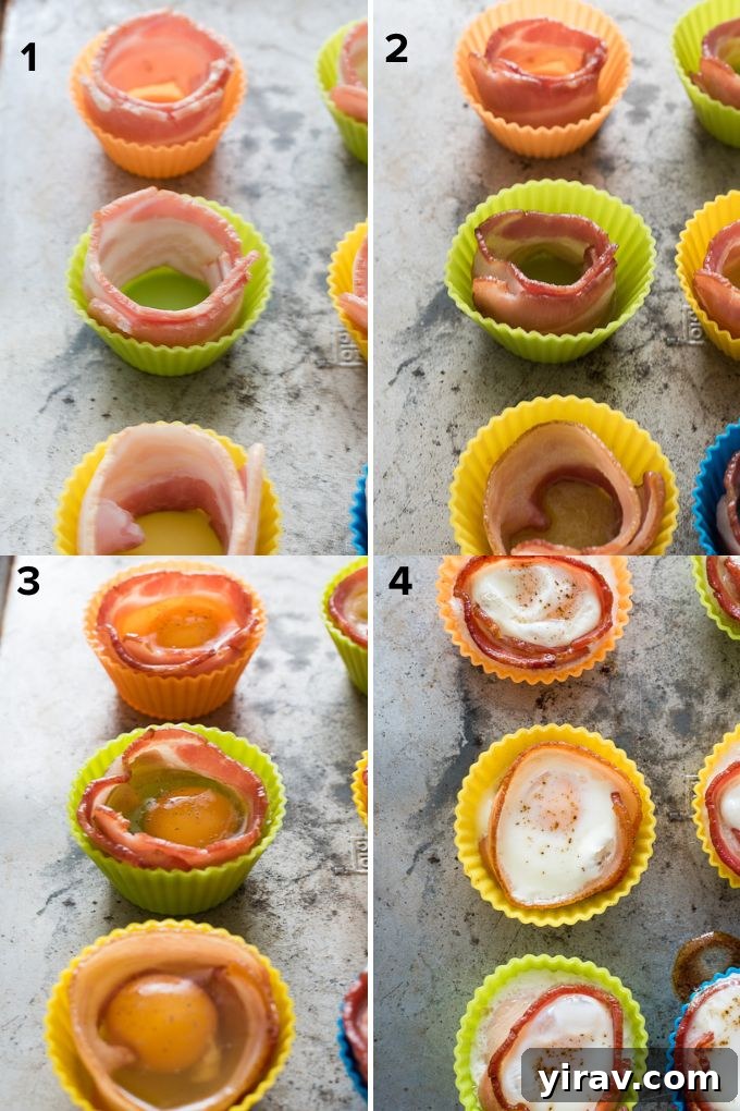 Visual steps demonstrating how to make bacon and egg muffins, showing bacon wrapped in muffin tins.