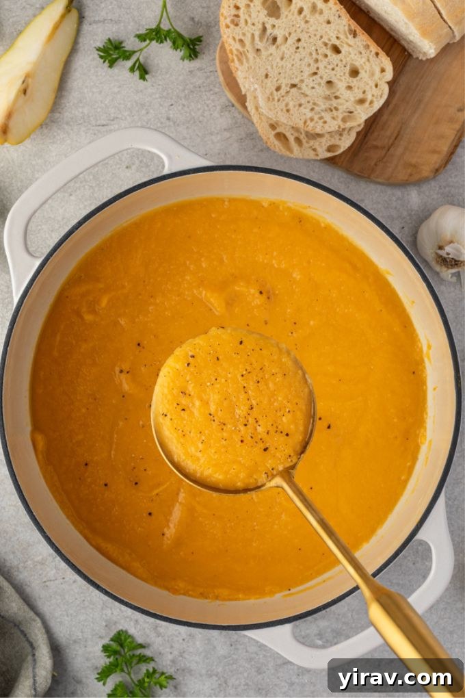 Creamy roasted butternut squash soup being served from a Dutch oven with a ladle, showcasing its rich texture