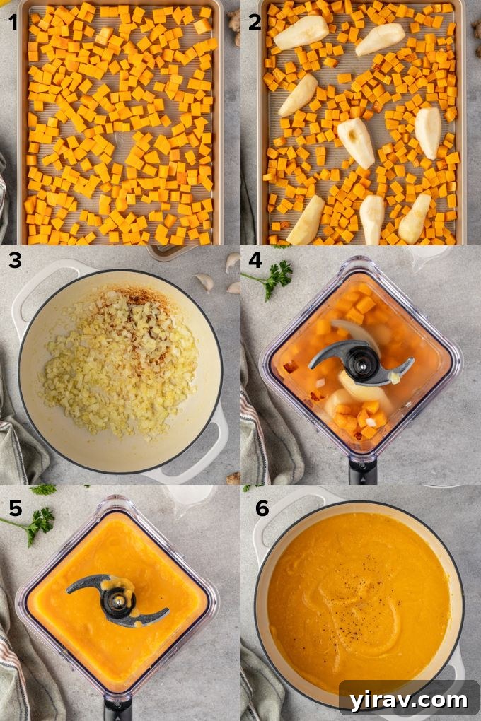 Step-by-step process of making butternut squash soup: roasted squash and pears on a baking sheet, sautéing aromatics, and blending ingredients