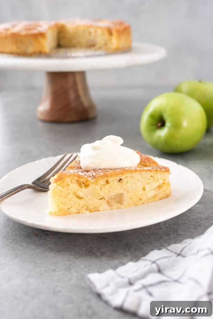 Rustic French Apple Cake 10 french apple cake on a plate topped with whipped cream