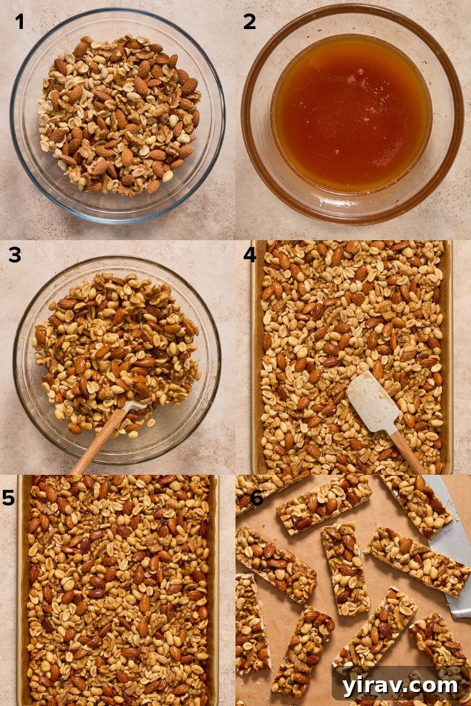 Steps for preparing the nut bars, showing ingredients combined and pressed into a pan.
