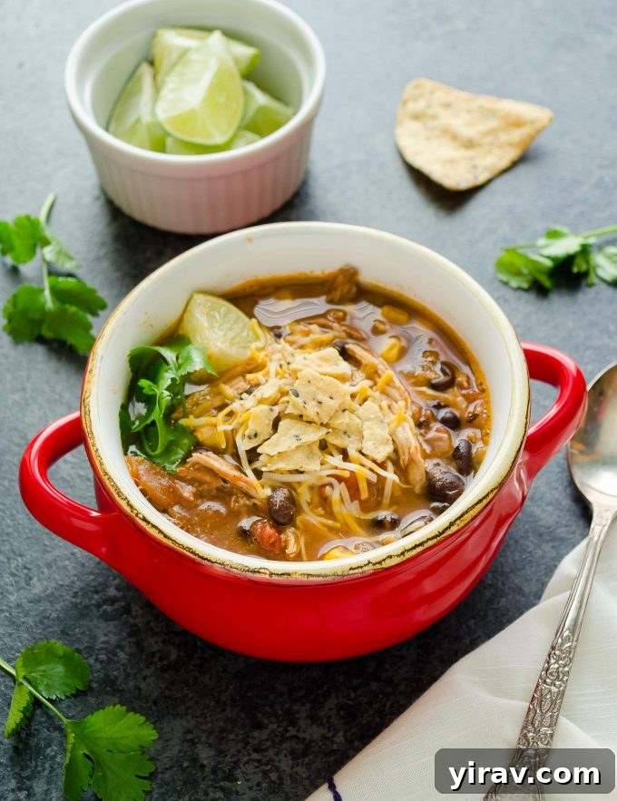 Chicken tortilla soup in a red bowl with chips and cilantro