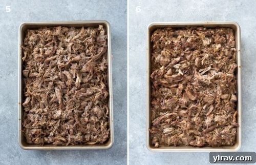 Pork carnitas on baking sheet before and after broiling