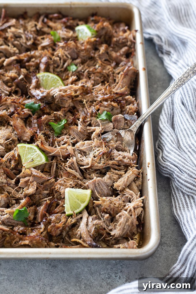 Spoon full of shredded pork carnitas on a baking sheet