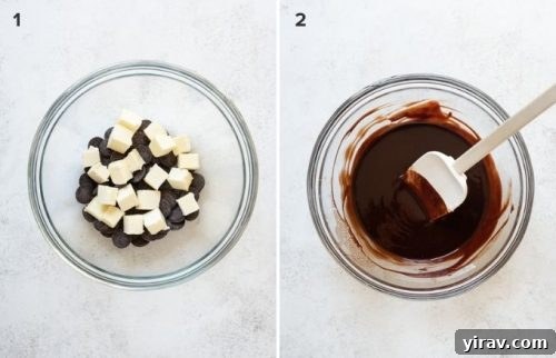 German Chocolate Cake Brownies 11 chocolate and butter in bowl before and after melting