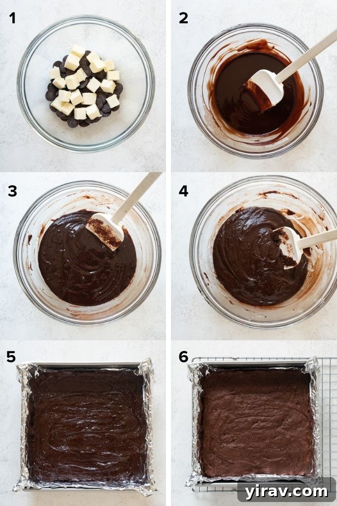 German Chocolate Cake Brownies 6 A visual guide showing the preparation steps for the German chocolate brownie batter: melted chocolate and butter, mixed batter, and batter spread in a baking pan.