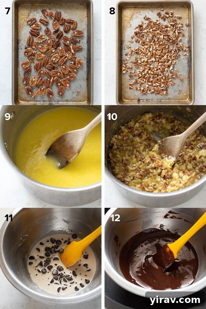 German Chocolate Cake Brownies 7 Collage showing the preparation of coconut pecan frosting and the ingredients for chocolate ganache.