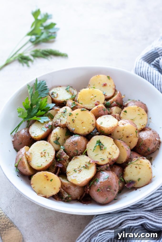 A generous serving of traditional German potato salad in a white bowl, garnished with fresh herbs, ready to be enjoyed.