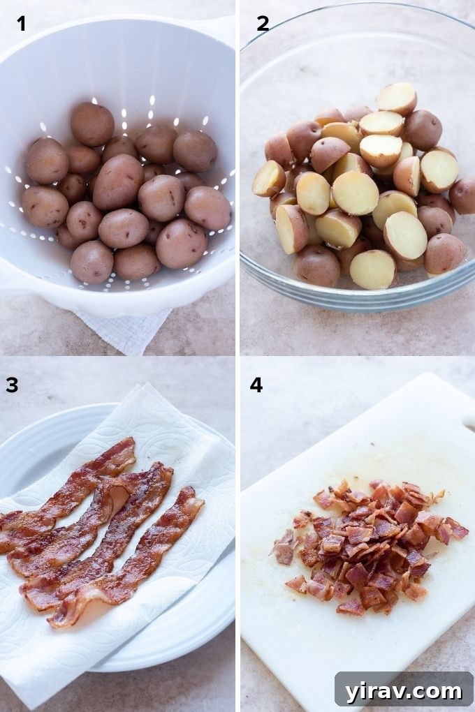 Collage showing steps for cooking potatoes and bacon for German potato salad. Top: Potatoes boiling. Bottom: Bacon sizzling in a skillet.
