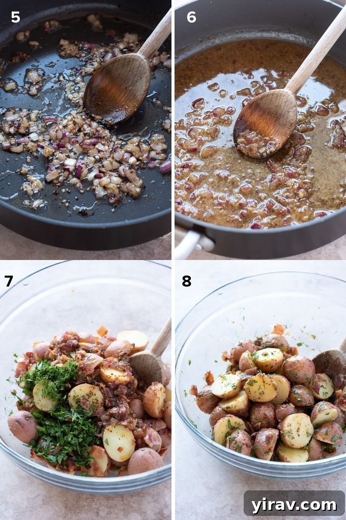 Collage showing steps for making German potato salad. Top: Ingredients for the dressing in a pan. Bottom: Potatoes being tossed with dressing and herbs.