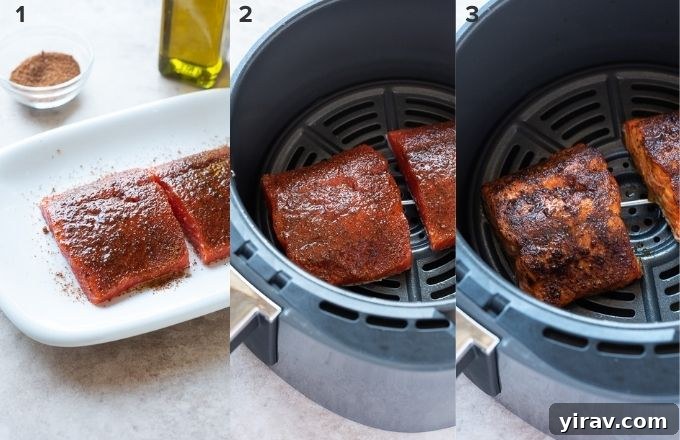 Effortless Air-Fried Salmon 5 A collage showing the step-by-step process of cooking salmon in an air fryer