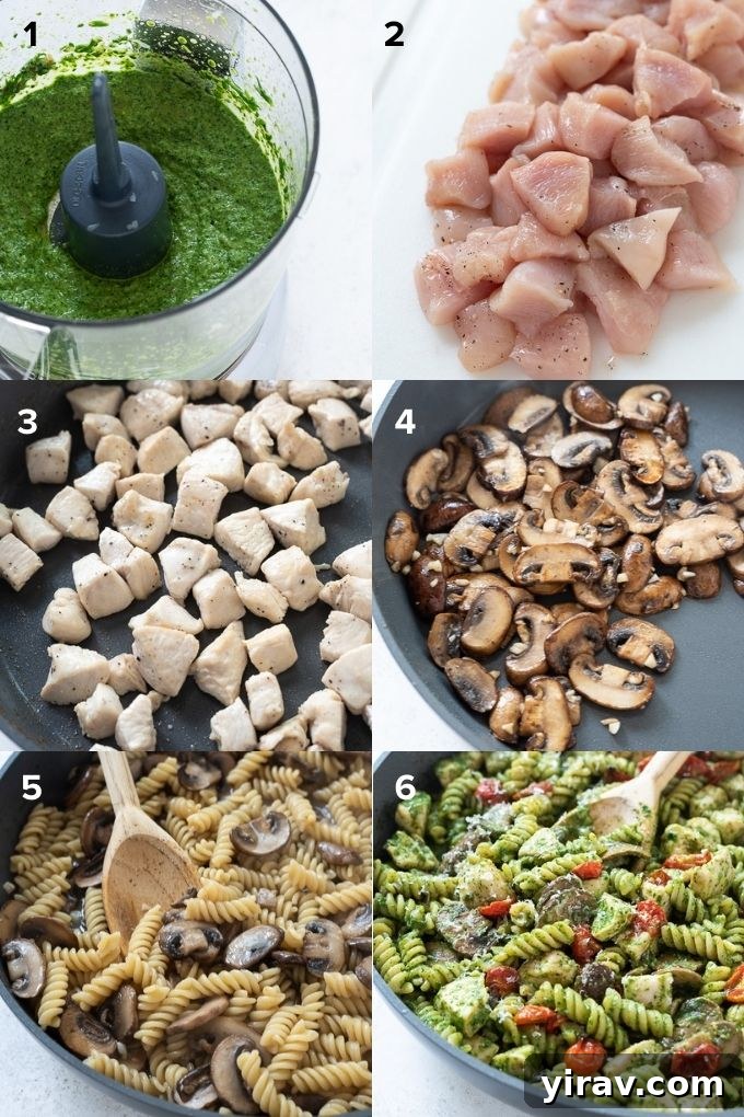 A collage of process photos showing how to make chicken pesto pasta.