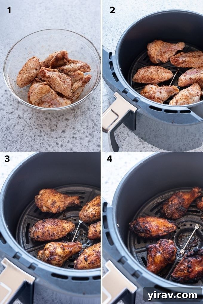 Air Fryer Wings: Crispy Perfection 6 Step-by-step image showing seasoned chicken wings being placed into an air fryer basket