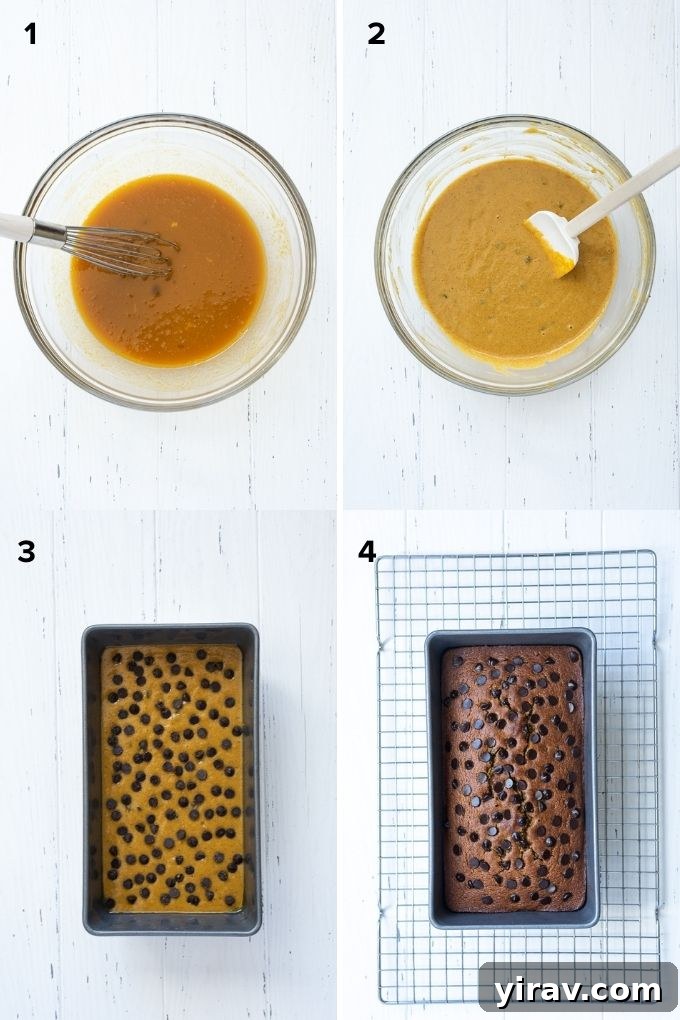 Step-by-step visual guide on how to prepare gluten-free pumpkin bread batter in a single bowl, highlighting the ease of the recipe.