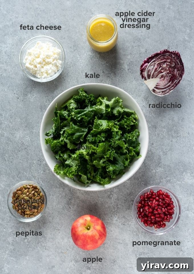 Various fresh ingredients for kale apple salad recipe, including kale, apple, pomegranate, and feta cheese.