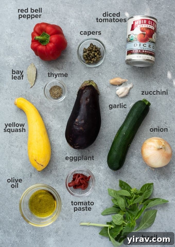 Effortless Ratatouille 4 A flat lay of fresh ratatouille recipe ingredients including eggplant, zucchini, bell peppers, tomatoes, and herbs