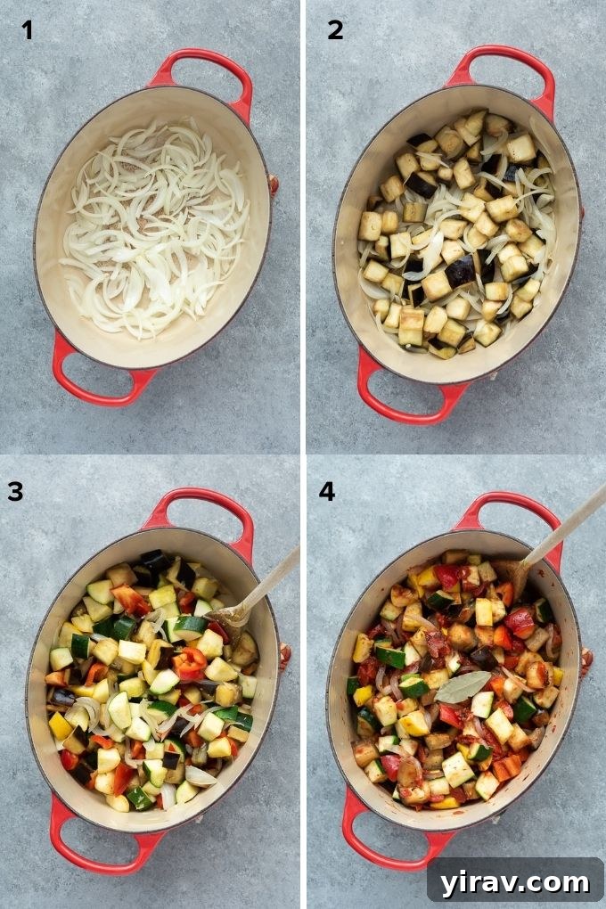 Effortless Ratatouille 5 A step-by-step collage showing how to prepare ratatouille, from chopping vegetables to sautéing