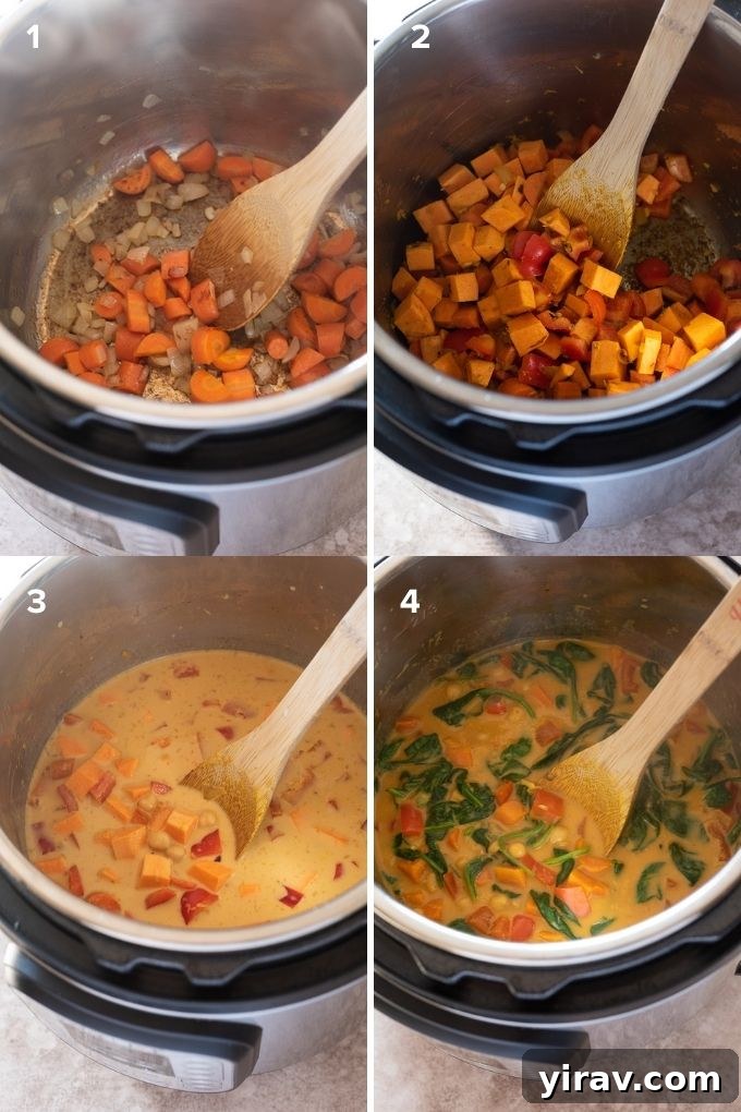 A four-panel collage showing the step-by-step process of making Instant Pot Sweet Potato Chickpea Curry, from sautéing aromatics to sealing the Instant Pot.