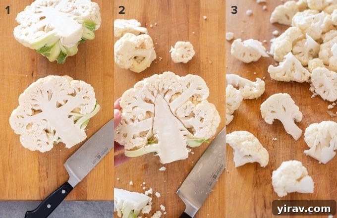 Creamy Garlic Mashed Cauliflower 5 A step-by-step visual guide demonstrating how to properly cut a whole head of cauliflower into florets.