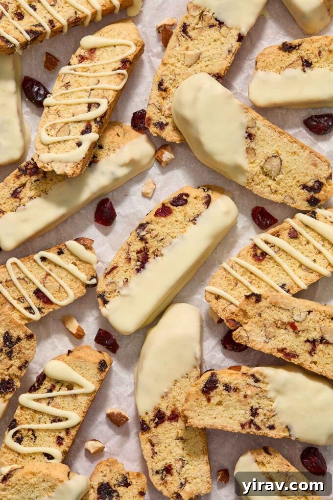 Cranberry orange biscotti dipped in white chocolate.