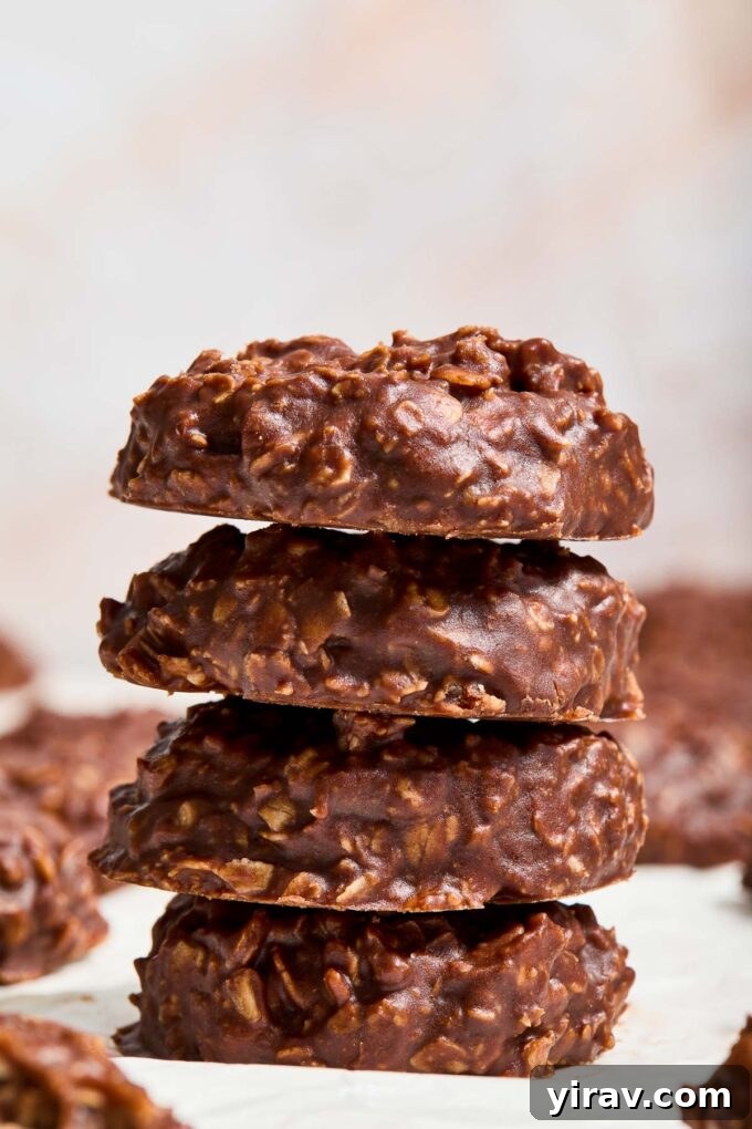 Stack of no bake chocolate peanut butter oatmeal cookies.
