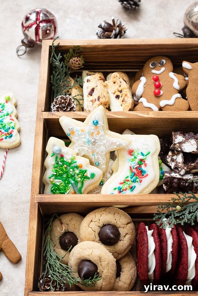 An array of delicious holiday treats including sugar cookies, biscotti, and other festive sweets neatly arranged in a Christmas cookie box
