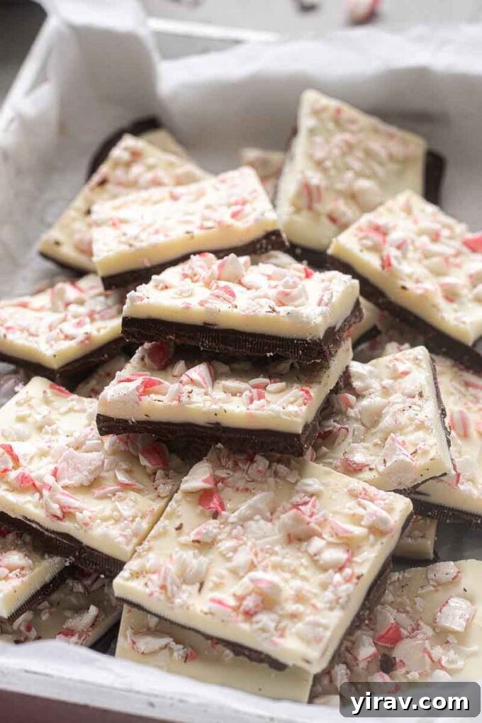 Peppermint bark squares in a parchment lined white box.