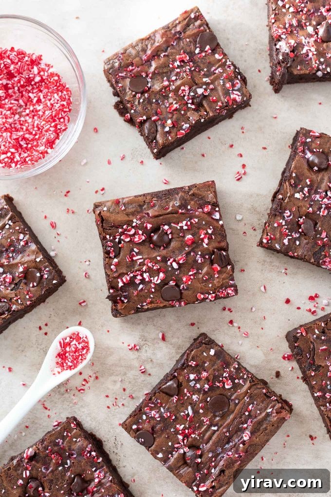 Peppermint brownies with peppermint crunchy scattered around