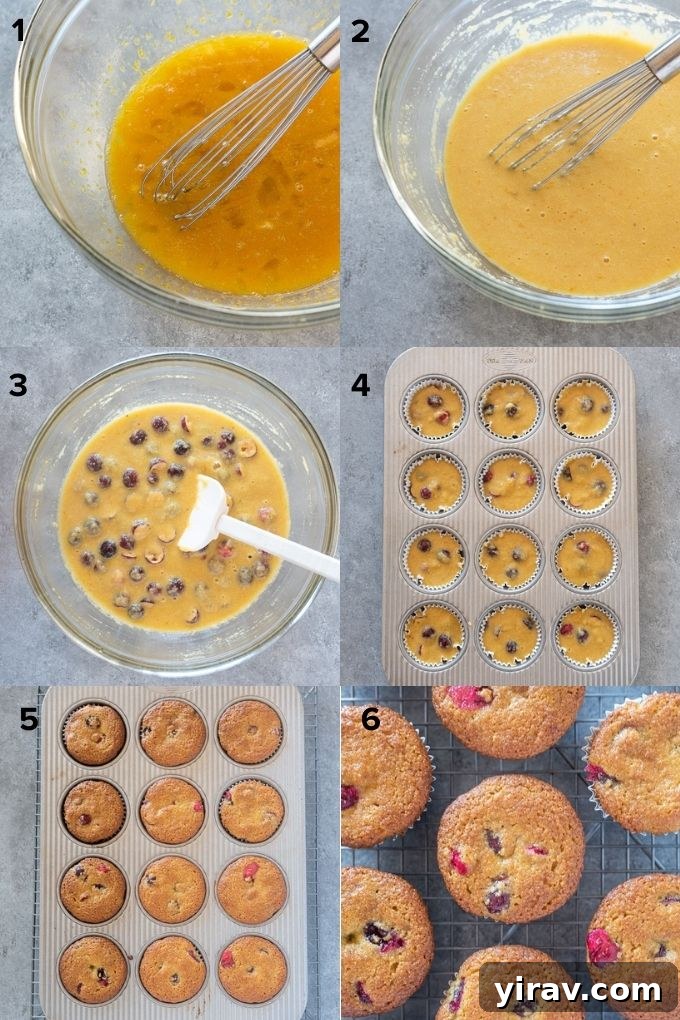 Zesty Cranberry Orange Muffins 6 A visual step-by-step guide showing the process of mixing cranberry orange muffin batter in a large bowl.